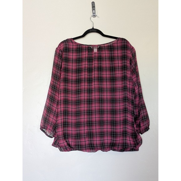 CJ Banks Blouse 1X Sheer‎ Top Attached Cami Underneath Pink Black Plaid - Picture 1 of 10